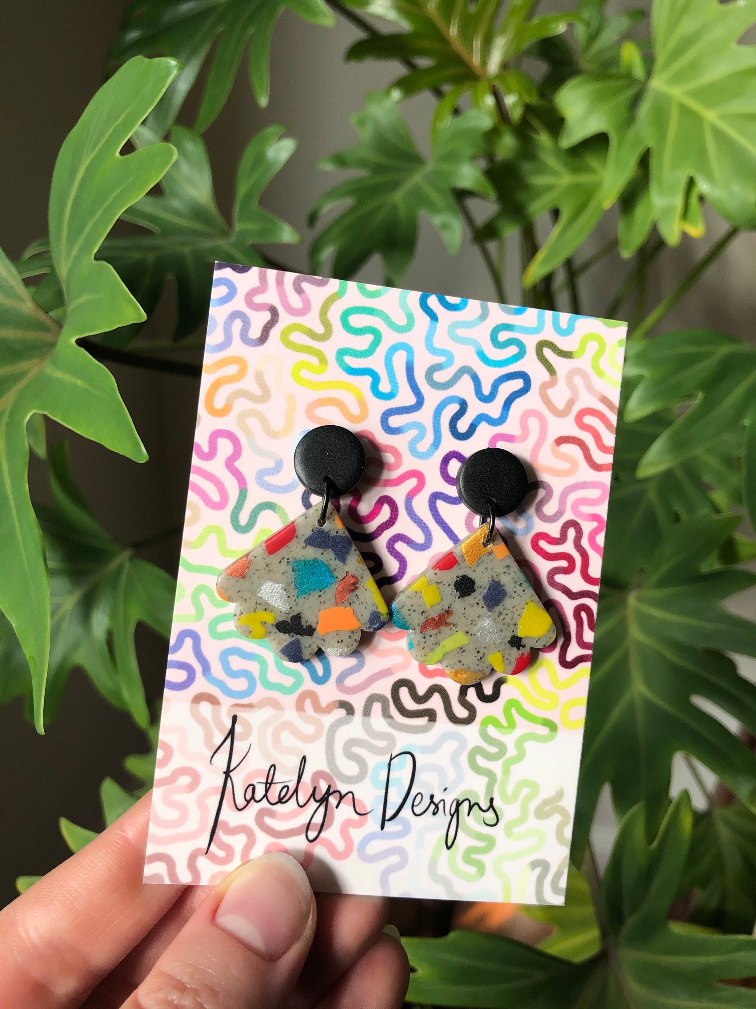 Rainbow Terrazzo Fan Dangle Studs